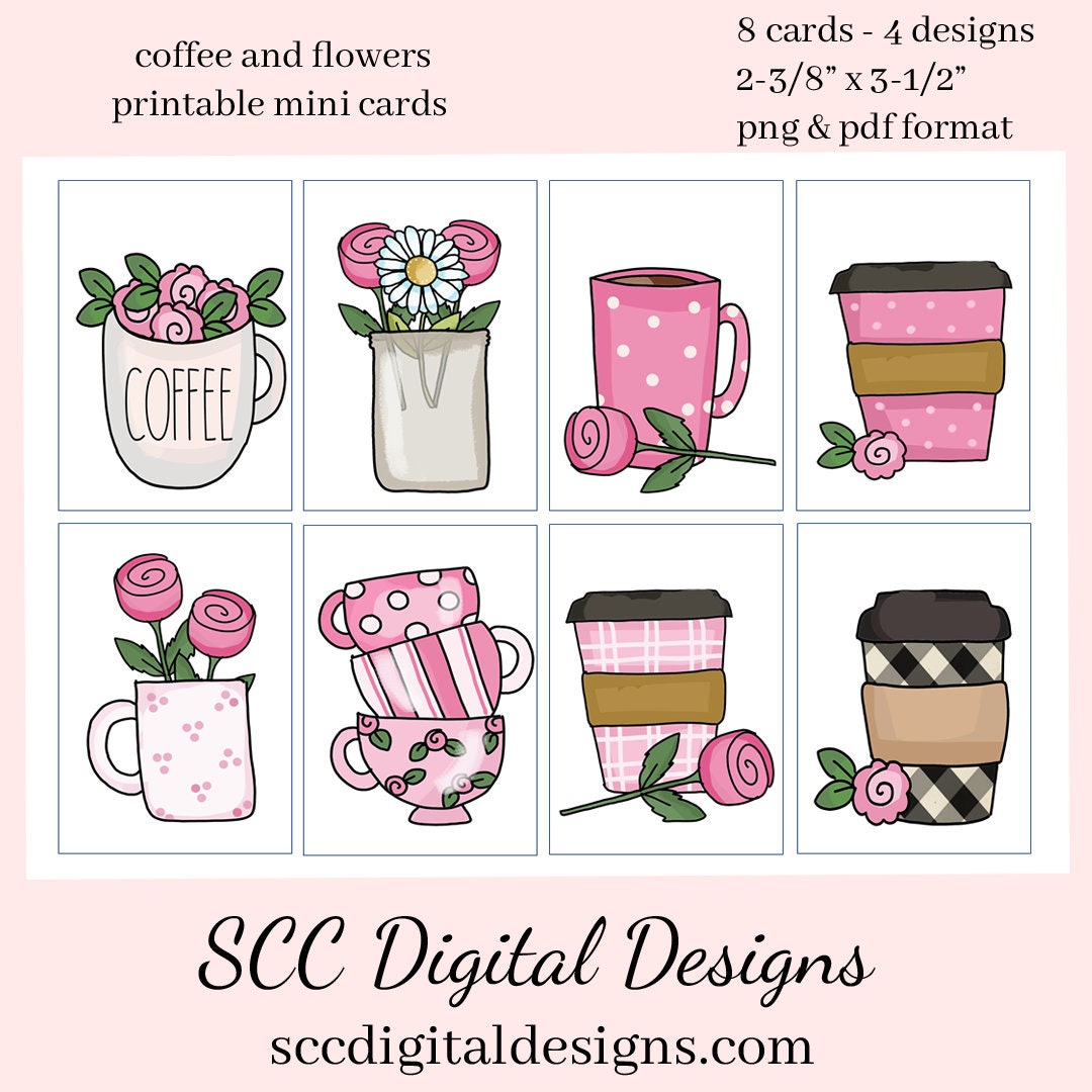 Coffee & Flowers Printable Mini Cards - 8 Mini Cards With 4 Images, Instant Download, Create Gift Card for the Baristas or Java Lover