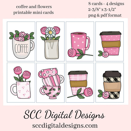 Coffee & Flowers Printable Mini Cards - 8 Mini Cards With 4 Images, Instant Download, Create Gift Card for the Baristas or Java Lover