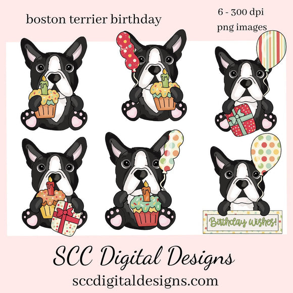 Boston Terrier Birthday Clipart - Dog with Cupcakes, Balloon and Gifts PNGs, DIY Party Printables, Greeting Cards, Tags & Dog Lover T-Shirts