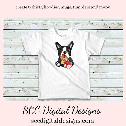Boston Terrier Birthday Clipart - Dog with Cupcakes, Balloon and Gifts PNGs, DIY Party Printables, Greeting Cards, Tags & Dog Lover T-Shirts