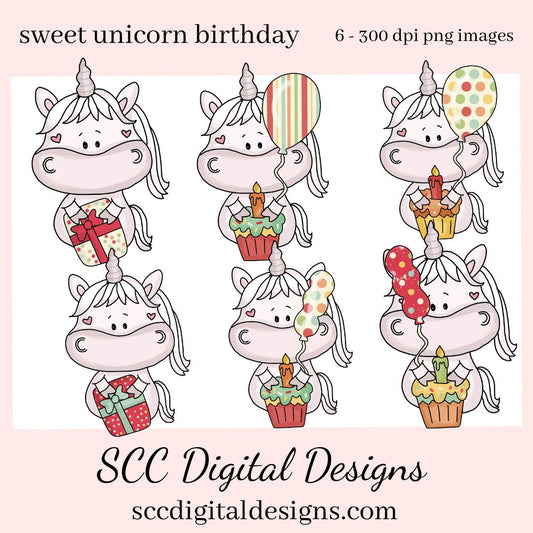 Sweet Unicorn Birthday Clipart - Unicorns with Balloons Cupcakes, and Gifts PNGs, DIY Kid's Party Printables, Greeting Cards, Tags & More!