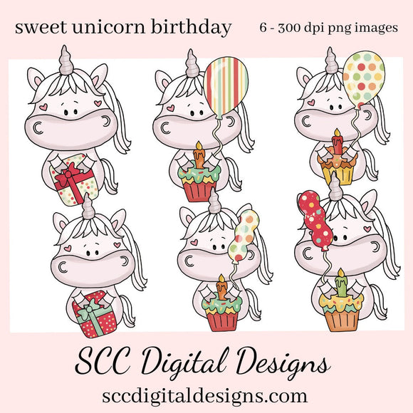 Sweet Unicorn Birthday Clipart - Unicorns with Balloons Cupcakes, and Gifts PNGs, DIY Kid's Party Printables, Greeting Cards, Tags & More!