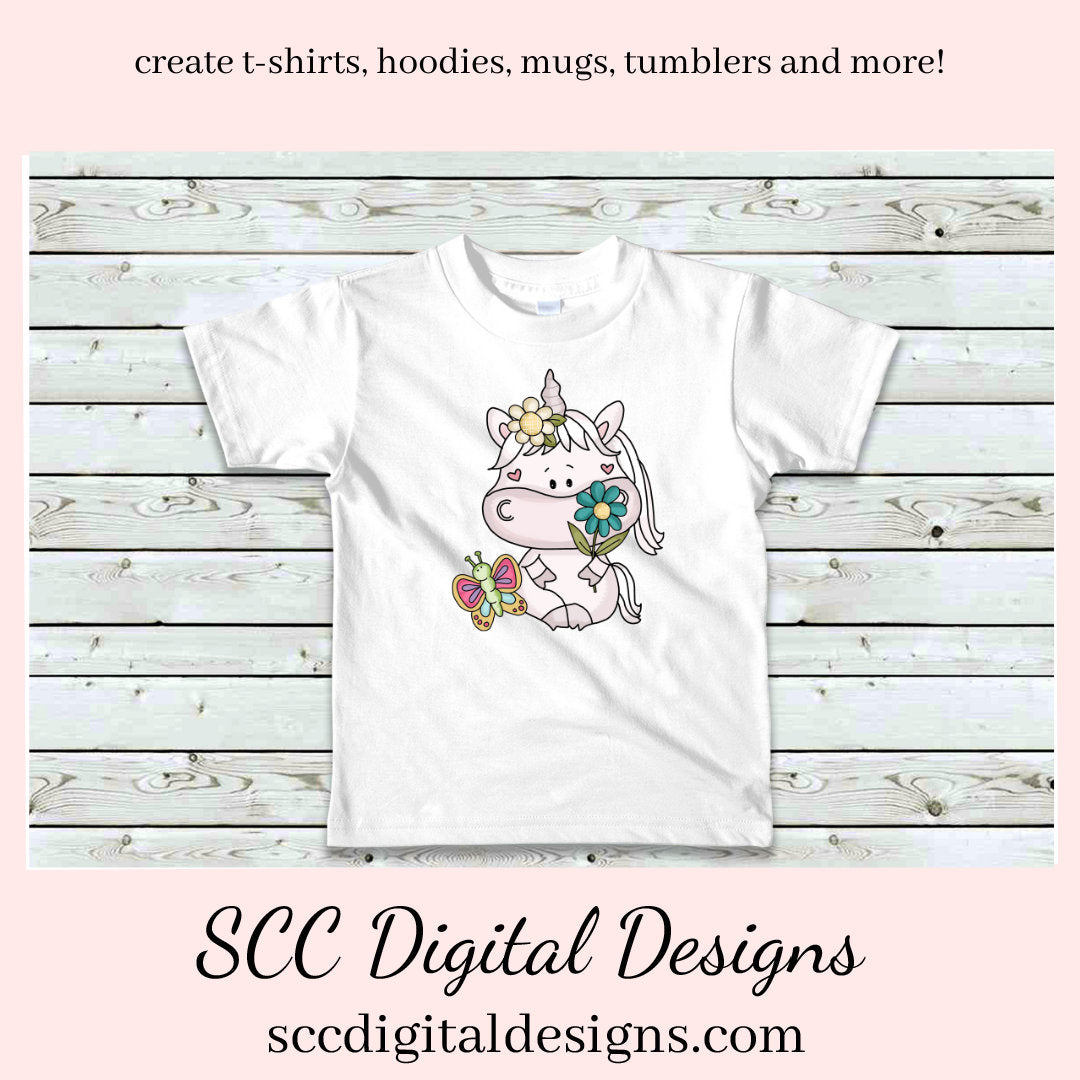 Sweet Unicorns Loves Flowers Clipart - Unicorn with Spring Flower, Butterfly and Bees, Create Kitchen Towels, Shirts, Hoodies, Tumblers Mugs, Scrapbook Elements, Kid's Valentine Party Tags & More!