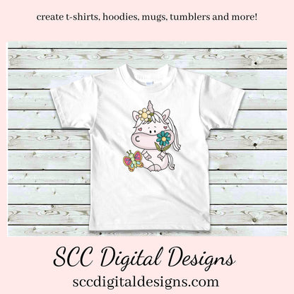 Sweet Unicorns Loves Flowers Clipart - Unicorn with Spring Flower, Butterfly and Bees, Create Kitchen Towels, Shirts, Hoodies, Tumblers Mugs, Scrapbook Elements, Kid's Valentine Party Tags & More!