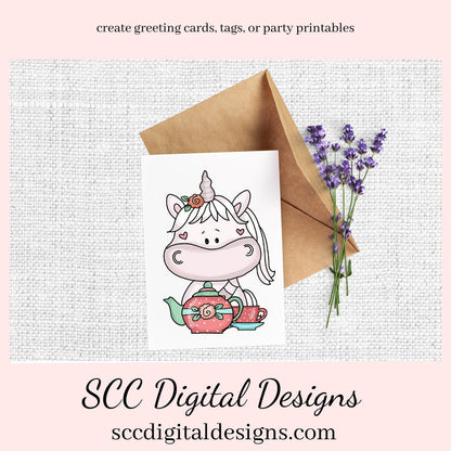 Sweet Unicorn Tea Party Clipart - Unicorn with Tea Cup, Tea Pot, Flowers and Cookies, Create Kitchen Towels, Shirts, Hoodies, Tumblers Mugs, Scrapbook Elements, Kid's Party Tags & More!