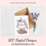 Sweet Unicorn Tea Party Clipart - Unicorn with Tea Cup, Tea Pot, Flowers and Cookies, Create Kitchen Towels, Shirts, Hoodies, Tumblers Mugs, Scrapbook Elements, Kid's Party Tags & More!