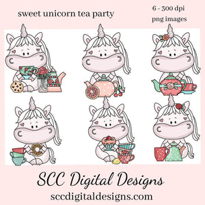 Sweet Unicorn Tea Party Clipart - Unicorn with Tea Cup, Tea Pot, Flowers and Cookies, Create Kitchen Towels, Shirts, Hoodies, Tumblers Mugs, Scrapbook Elements, Kid's Party Tags & More!