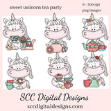 Sweet Unicorn Tea Party Clipart - Unicorn with Tea Cup, Tea Pot, Flowers and Cookies, Create Kitchen Towels, Shirts, Hoodies, Tumblers Mugs, Scrapbook Elements, Kid's Party Tags & More!