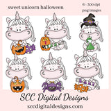 Sweet Unicorn Halloween Clipart - Unicorns with Pumpkins, Candy, Spiders, and more. Create Kitchen Towels, Shirts, Hoodies, Tumblers Mugs, Scrapbook Elements, Kid's Party Tags & More!