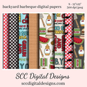 Backyard Barbeque Digital Paper - (8) 12"x12" 300 DPI JPEG Images, Scrapbook Supplies, Crafting Elements, Commercial Use, Personal Use  Background Images is great to Create Printables, Gift Tags, Greeting Cards, Cocoa Wrappers, & Treat Bags!