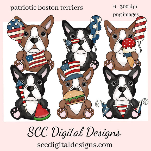 Patriotic Boston Terriers Clipart, Dogs with Red, White & Blue Flag, Balloons and Fireworks. Create Kitchen Towels, Shirts, Hoodies, Tumblers Mugs, Dog Lover Gifts, Scrapbook Elements, Kid's Party Tags & More!