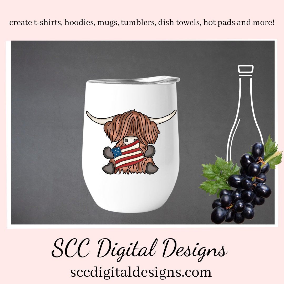 Patriotic Scottish Highland Cow Clipart - Red, White & Blue Flag, Fireworks, Americana Hat PNGs, Create Kitchen Towels, Shirts, Hoodies, Tumblers Mugs, Dog Lover Gifts, Scrapbook Elements, Kid's Party Tags & More!
