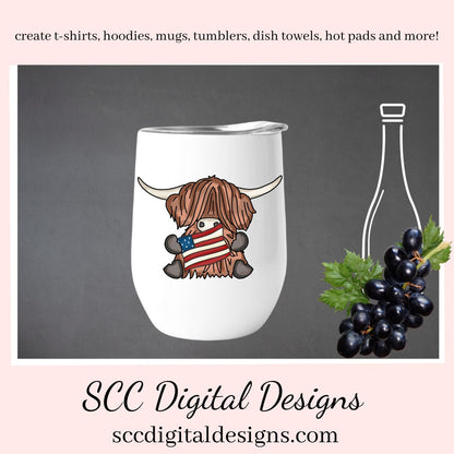 Patriotic Scottish Highland Cow Clipart - Red, White & Blue Flag, Fireworks, Americana Hat PNGs, Create Kitchen Towels, Shirts, Hoodies, Tumblers Mugs, Dog Lover Gifts, Scrapbook Elements, Kid's Party Tags & More!