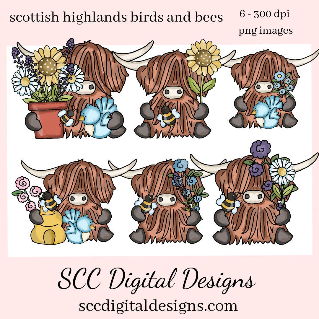 Scottish Highland Cow Birds and Bees Clipart - Cows with Birds, Flowers & Bumble Bee PNGs - Create Kitchen Towels, Shirts, Hoodies, Tumblers, Mugs, Scrapbook Elements, Kid's Party Printables, Greeting Cards, Tags & More!