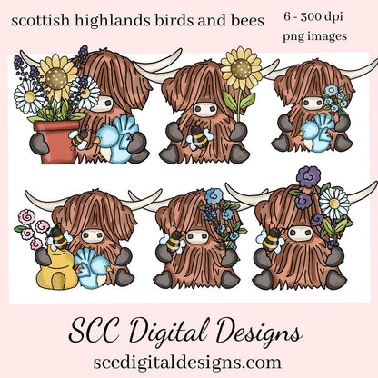 Scottish Highland Cow Birds and Bees Clipart - Cows with Birds, Flowers & Bumble Bee PNGs - Create Kitchen Towels, Shirts, Hoodies, Tumblers, Mugs, Scrapbook Elements, Kid's Party Printables, Greeting Cards, Tags & More!