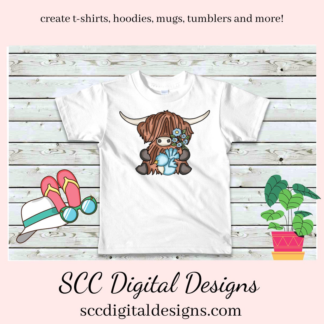 Scottish Highland Cow Birds and Bees Clipart - Cows with Birds, Flowers & Bumble Bee PNGs - Create Kitchen Towels, Shirts, Hoodies, Tumblers, Mugs, Scrapbook Elements, Kid's Party Printables, Greeting Cards, Tags & More!