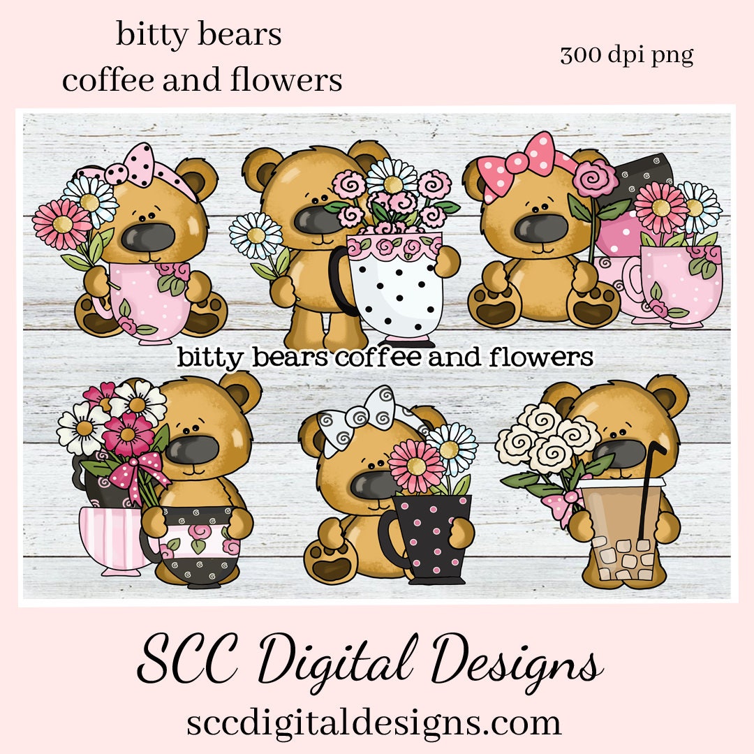 Bitty Bears Coffee and Flowers Clipart - Create Café Wall Decor, Barista Lovers Gifts, Mugs, Tumblers, T-Shirts, Printables, Java Lover Mug