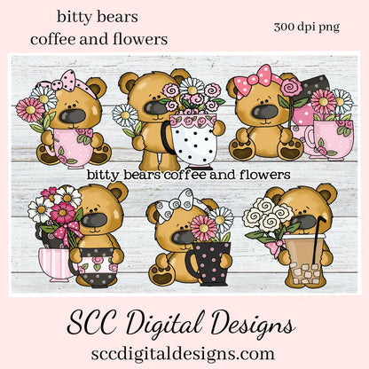 Bitty Bears Coffee and Flowers Clipart - Create Café Wall Decor, Barista Lovers Gifts, Mugs, Tumblers, T-Shirts, Printables, Java Lover Mug