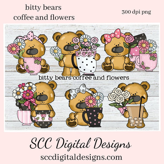 Bitty Bears Coffee and Flowers Clipart - Create Café Wall Decor, Barista Lovers Gifts, Mugs, Tumblers, T-Shirts, Printables, Java Lover Mug