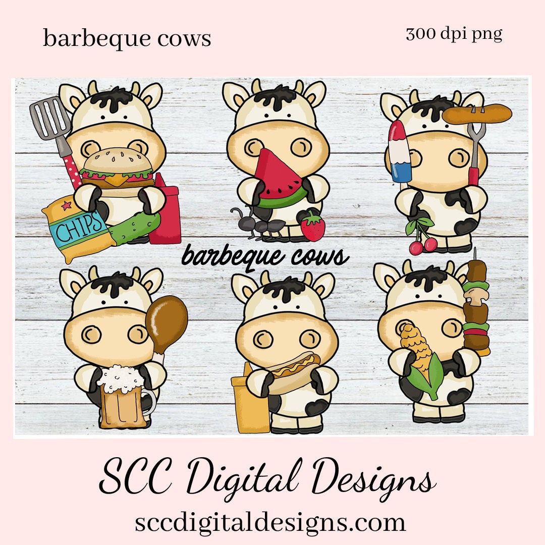 Barbeque Cows Clipart - Cow with Hotdog, Chips, Beer & Popsicle, Create Farmhouse Kitchen Decor, Cow Lover Gifts, BBQ Party Printables