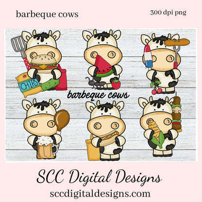 Barbeque Cows Clipart - Cow with Hotdog, Chips, Beer & Popsicle, Create Farmhouse Kitchen Decor, Cow Lover Gifts, BBQ Party Printables