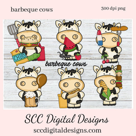 Barbeque Cows Clipart - Cow with Hotdog, Chips, Beer & Popsicle, Create Farmhouse Kitchen Decor, Cow Lover Gifts, BBQ Party Printables