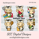 Barbeque Cows Clipart - Cow with Hotdog, Chips, Beer & Popsicle, Create Farmhouse Kitchen Decor, Cow Lover Gifts, BBQ Party Printables
