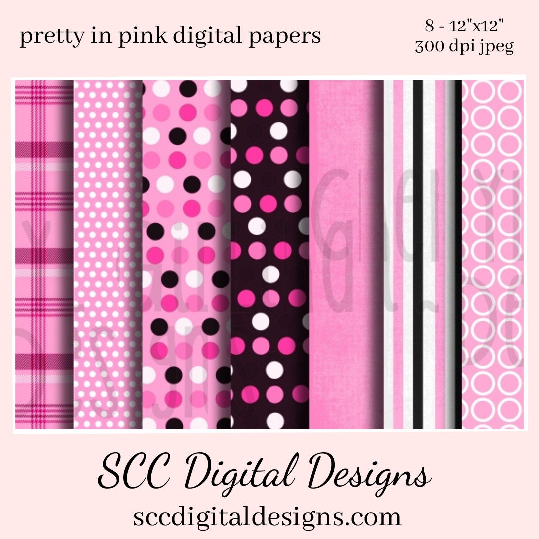 Pretty in Pink Digital Paper - (8) 12"x12" 300 DPI JPEG Images, Scrapbook Supplies, Crafting Elements, Commercial Use, Personal Use