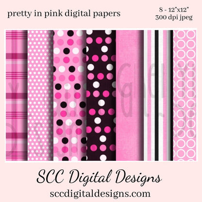 Pretty in Pink Digital Paper - (8) 12"x12" 300 DPI JPEG Images, Scrapbook Supplies, Crafting Elements, Commercial Use, Personal Use