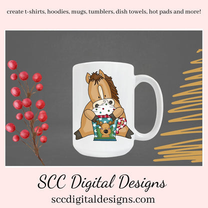 Chubby Horse Christmas Cocoa Clipart, Horses with Hot Chocolate Mugs, Create Holiday Party Printables, Kid's T-Shirts, Hoodies, Tumblers & More, Horse Lover Gifts, Xmas Printables