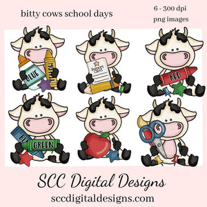 Bitty Cows School Days Clipart, Cow with Crayon, Glue, Report Card & Apple, Instant Download, Clip Art Set, Digi Scrap, Commercial Use