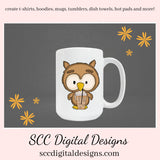 Cute Owls Love Coffee Clipart - Owl with a Latte and Coffee Cup, Create Mugs, Tumblers, T-Shirts, Barista Lover Gifts, Java House Wall Art