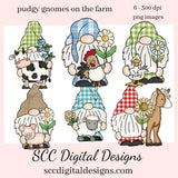 Pudgy Gnomes On The Farm Clipart - Gnome with Horse, Sheep, Pig, Chicken, Cow, Duck, Create Farmhouse Decor, Mugs, Aprons, Animal Lover Gift