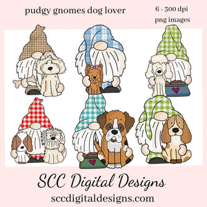 Pudgy Gnomes Dog Lover Clipart, Gnome with Poodle, Beagle, Yorkie, Create Animal Lover Gifts, Mugs, Tumblers, T-Shirts, Greeting Cards, Tags