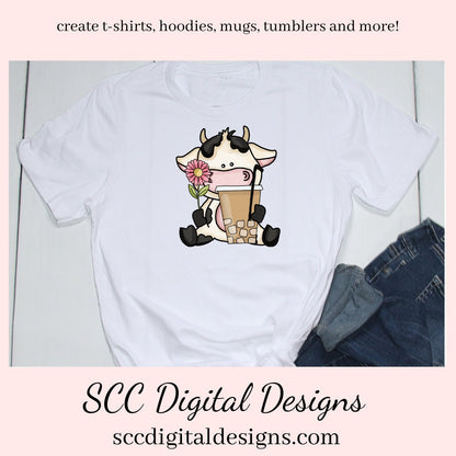 Bitty Cows Coffee and Flowers - Cow with Coffee Mug, Mocha, Spring Flowers, Create Mugs, Tumblers, T-Shirts, Greeting Cards, Tags, Cow Lover