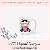 Bitty Cows Coffee and Flowers - Cow with Coffee Mug, Mocha, Spring Flowers, Create Mugs, Tumblers, T-Shirts, Greeting Cards, Tags, Cow Lover