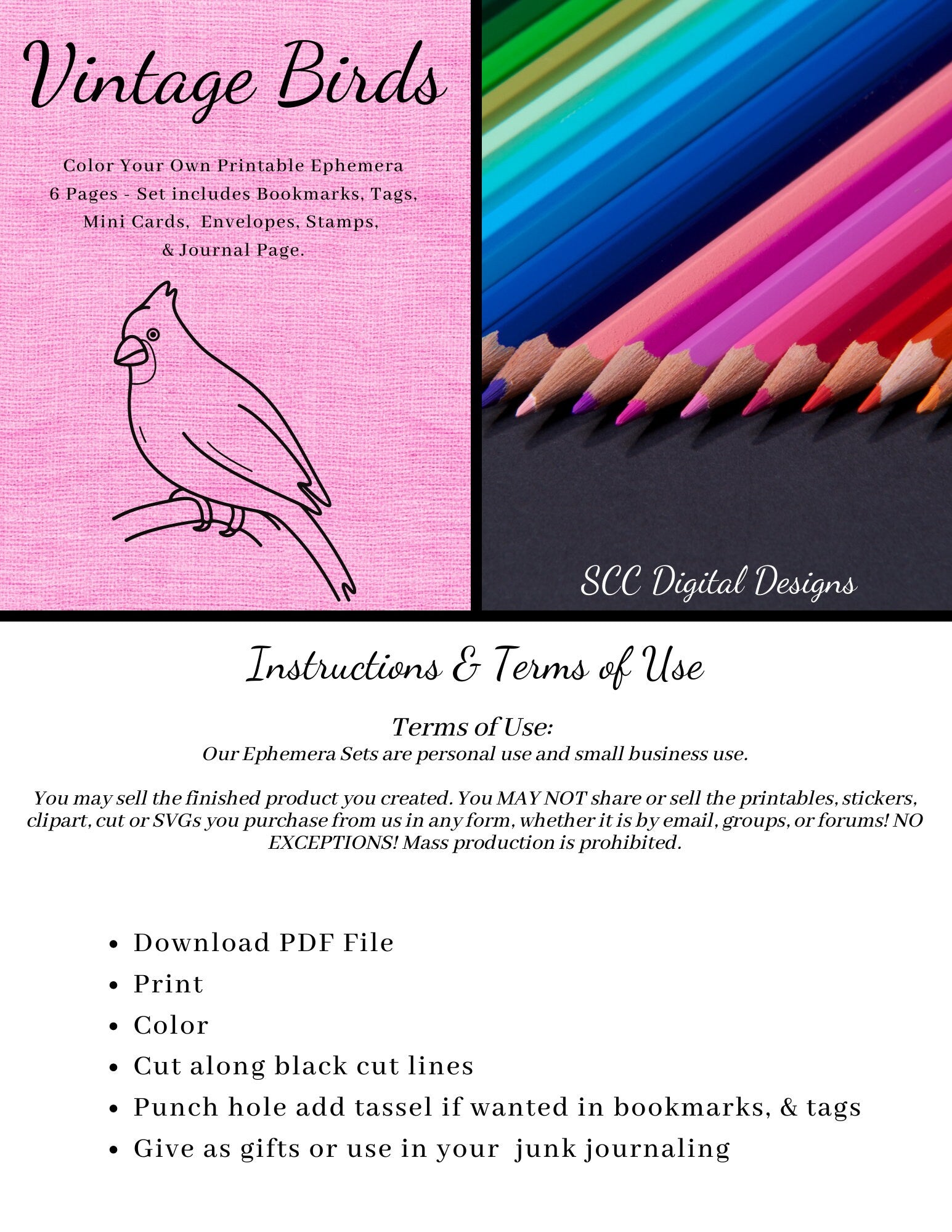 Vintage Birds CYO Printable Ephemera, 6 Page PDF Set Includes - Tags, Envelopes, Journal Page, Bookmarks, Postcards & Stamps, Junk Journal