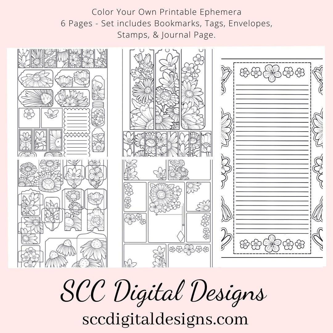 Wildflowers CYO Printable Ephemera, 6 Page PDF Set Includes - Tags, Envelopes, Journal Page, Bookmarks, Postcards & Stamps, Instruction Sheet, Personal Use ONLY, Junk Journaling