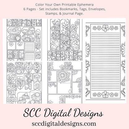 Wildflowers CYO Printable Ephemera, 6 Page PDF Set Includes - Tags, Envelopes, Journal Page, Bookmarks, Postcards & Stamps, Instruction Sheet, Personal Use ONLY, Junk Journaling