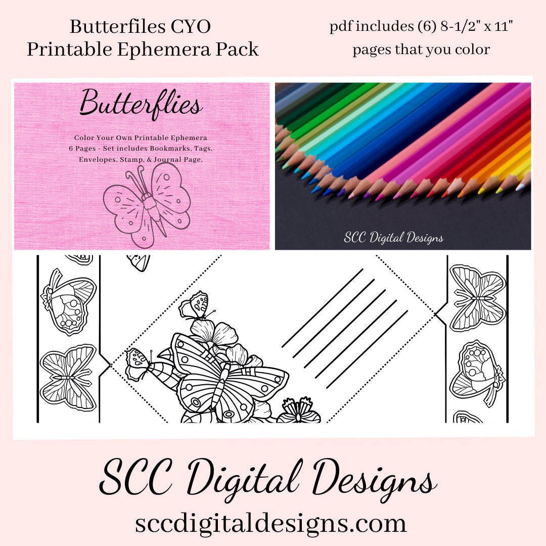 Wildflowers CYO Printable Ephemera, 6 Page PDF Set Includes - Tags, Envelopes, Journal Page, Bookmarks, Postcards & Stamps, Instruction Sheet, Personal & Small Business Use, Great for Junk Journaling