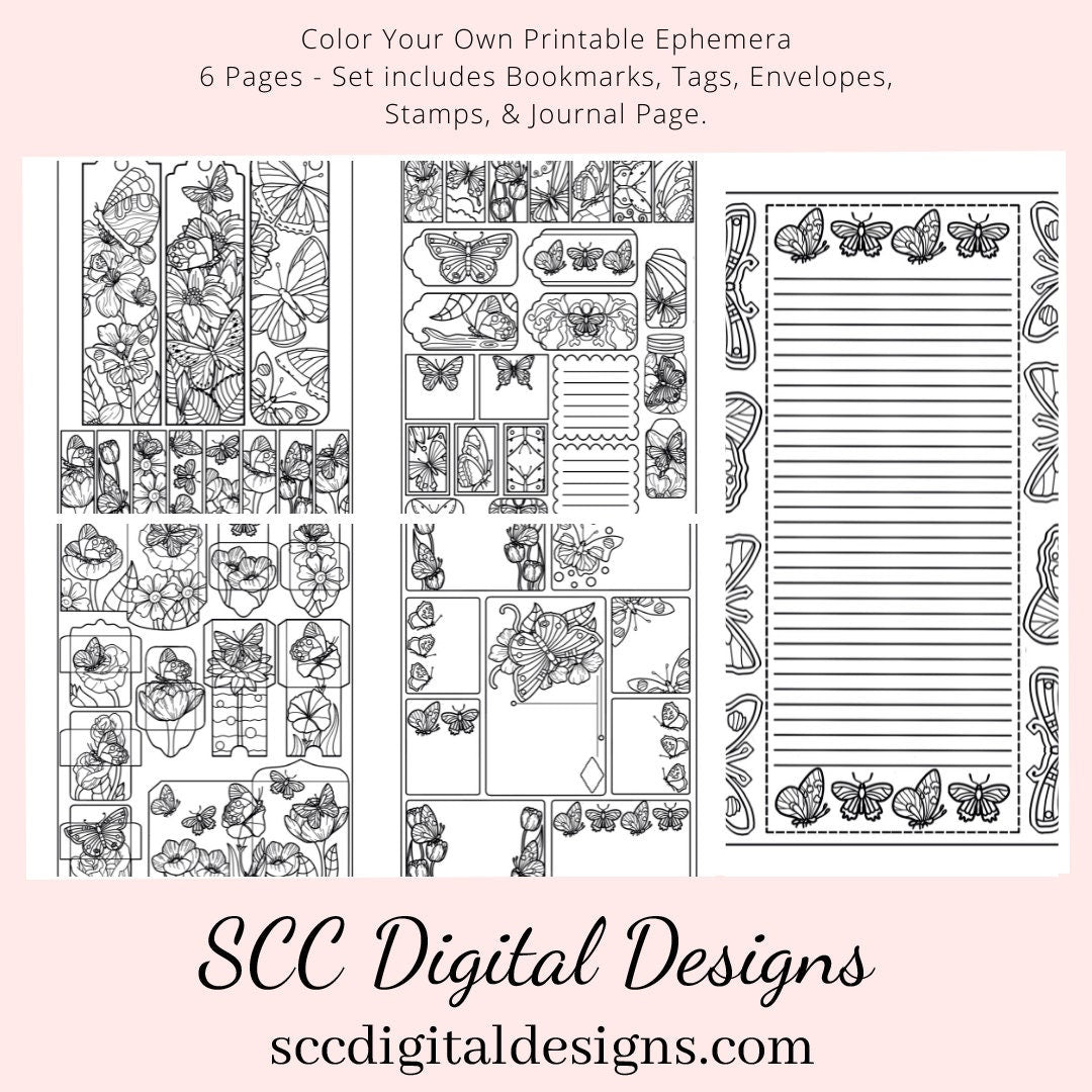 Wildflowers CYO Printable Ephemera, 6 Page PDF Set Includes - Tags, Envelopes, Journal Page, Bookmarks, Postcards & Stamps, Instruction Sheet, Personal & Small Business Use, Great for Junk Journaling