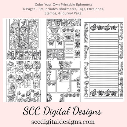 Wildflowers CYO Printable Ephemera, 6 Page PDF Set Includes - Tags, Envelopes, Journal Page, Bookmarks, Postcards & Stamps, Instruction Sheet, Personal & Small Business Use, Great for Junk Journaling