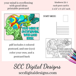 Your Mind is Overflowing With Good Ideas Printable Postcard - Full Color, Black & White, Mailing Back - Inspirational Quote Post Card. This is a great reminder for all of us that we overflow with great ideas. Give to friends and family going through a rough time! Great for Junk Journaling.