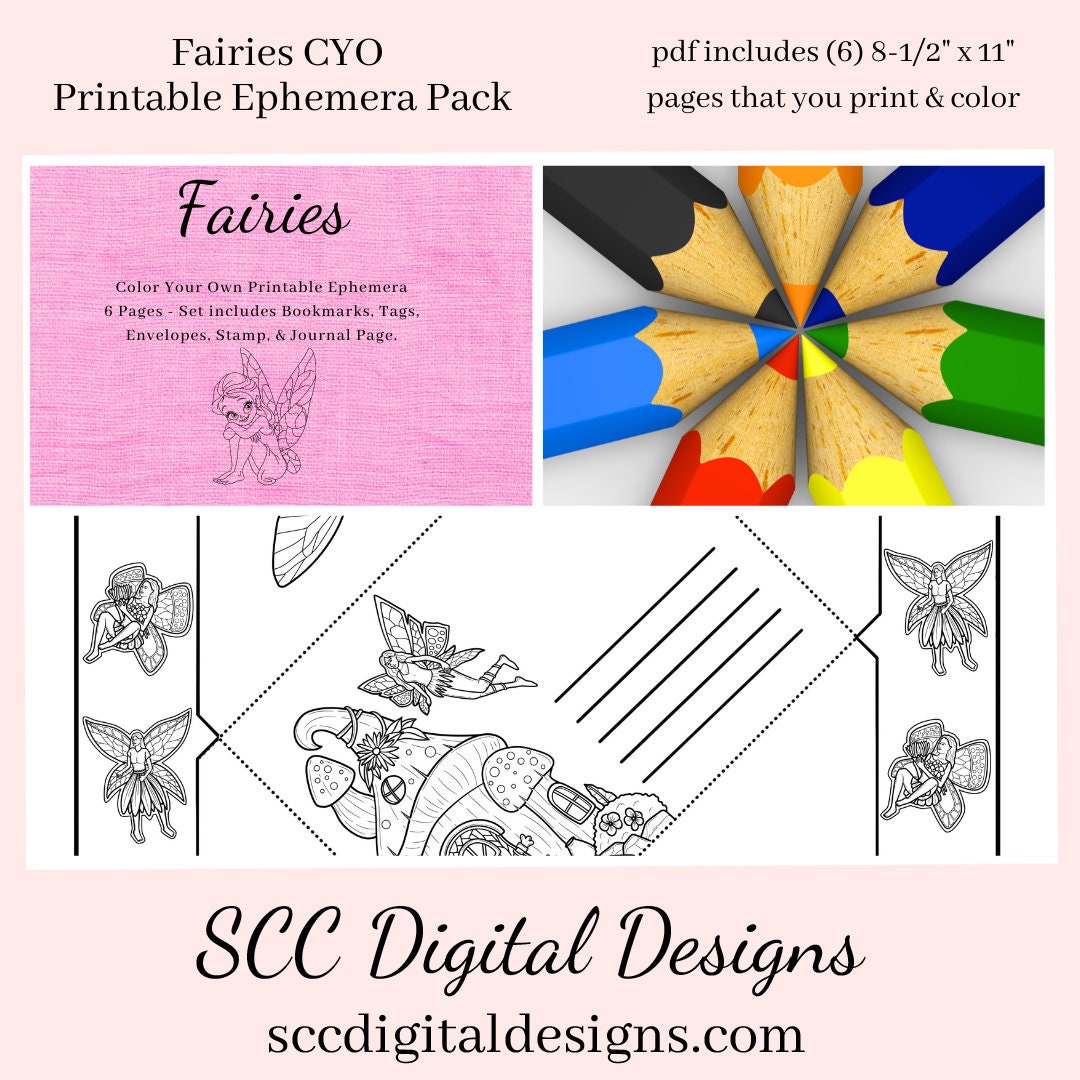 Fairies CYO Printable Ephemera, 6 Page PDF Set Includes - Tags, Envelopes, Journal Page, Bookmarks, Postcards & Stamps, Instruction Sheet, Personal & Small Business Use, Great for Junk Journaling