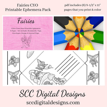 Fairies CYO Printable Ephemera, 6 Page PDF Set Includes - Tags, Envelopes, Journal Page, Bookmarks, Postcards & Stamps, Instruction Sheet, Personal & Small Business Use, Great for Junk Journaling