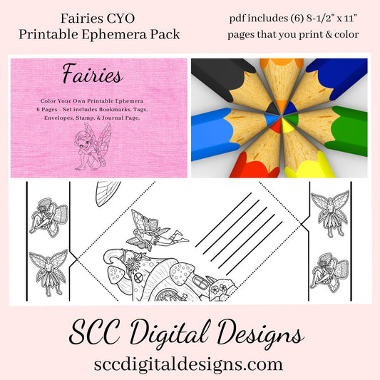 Fairies CYO Printable Ephemera, 6 Page PDF Set Includes - Tags, Envelopes, Journal Page, Bookmarks, Postcards & Stamps, Instruction Sheet, Personal & Small Business Use, Great for Junk Journaling