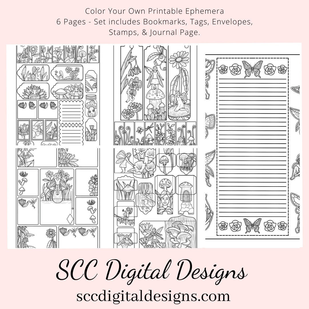 Fairies CYO Printable Ephemera, 6 Page PDF Set Includes - Tags, Envelopes, Journal Page, Bookmarks, Postcards & Stamps, Instruction Sheet, Personal & Small Business Use, Great for Junk Journaling