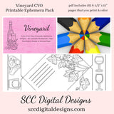 Vineyard CYO Printable Ephemera, 6 Page PDF Set Includes - Tags, Envelopes, Journal Page, Bookmarks, Postcards & Stamps, Instruction Sheet, Personal & Small Business Use, Great for Junk Journaling, Wine Lover Gifts, Create Hostess Tags