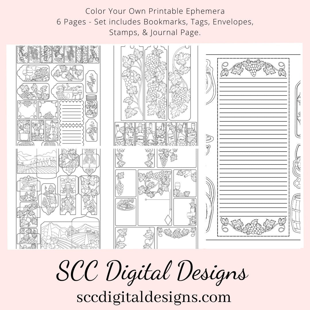 Vineyard CYO Printable Ephemera, 6 Page PDF Set Includes - Tags, Envelopes, Journal Page, Bookmarks, Postcards & Stamps, Instruction Sheet, Personal & Small Business Use, Great for Junk Journaling, Wine Lover Gifts, Create Hostess Tags