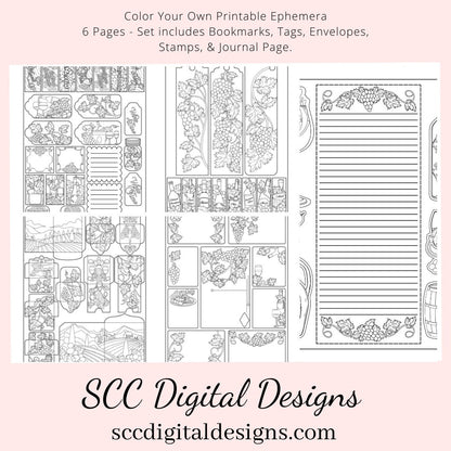Vineyard CYO Printable Ephemera, 6 Page PDF Set Includes - Tags, Envelopes, Journal Page, Bookmarks, Postcards & Stamps, Instruction Sheet, Personal & Small Business Use, Great for Junk Journaling, Wine Lover Gifts, Create Hostess Tags